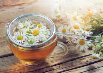 Una tazza di camomilla con i fiori in infusione