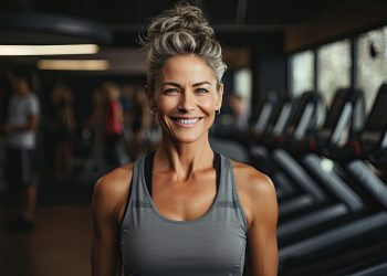 Donna bellissima di circa 50 anni in palestra con un canottiera grigia e ha un seno perfetto