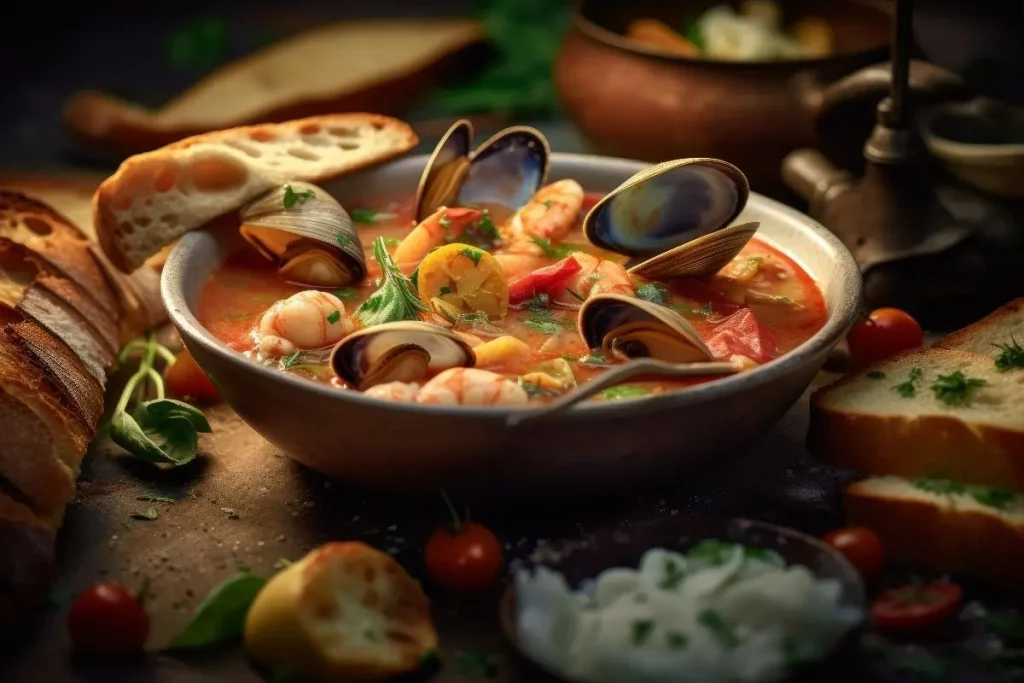 scodella di coccio con porzione di zuppa di pesce e crostini di pane intorno