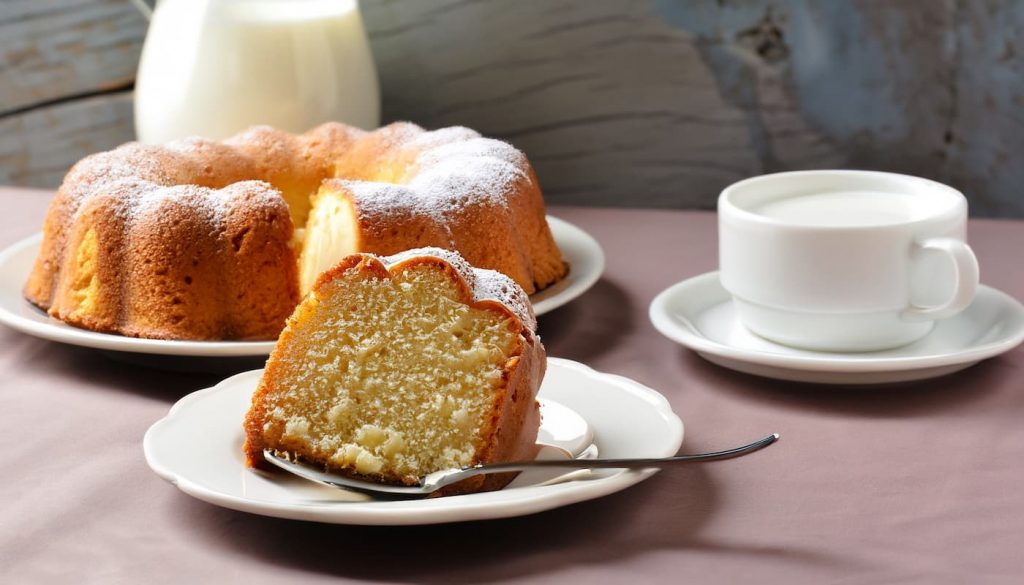 su tavolo una fetta di ciambellone allo yogurt con una tazza di latte per la colazione