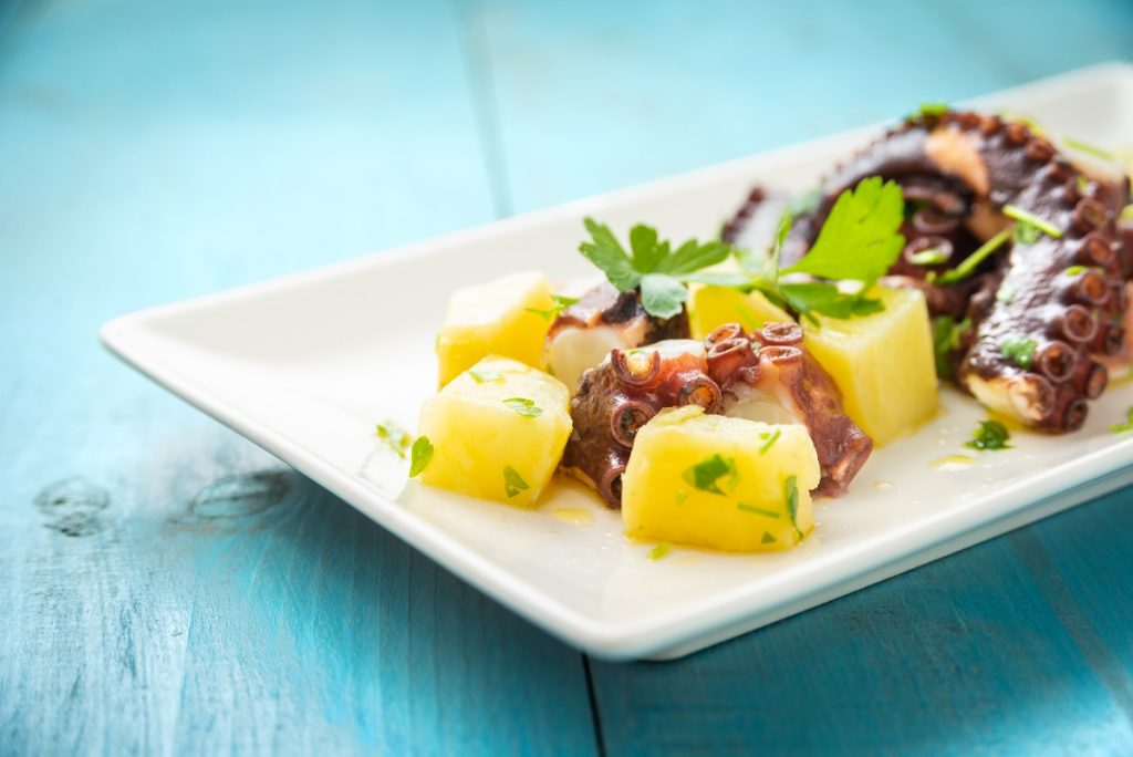 su tavolo di legno blu, piatto bianco con insalata di polpo e patate