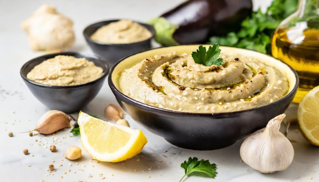 Piano da cucina, primo piano di una ciotola nera piena di babaganoush, attorno gli ingredienti della ricetta, aglio, limone, prezzemolo e melanzane