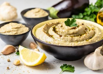 Piano da cucina, primo piano di una ciotola nera piena di babaganoush, attorno gli ingredienti della ricetta, aglio, limone, prezzemolo e melanzane