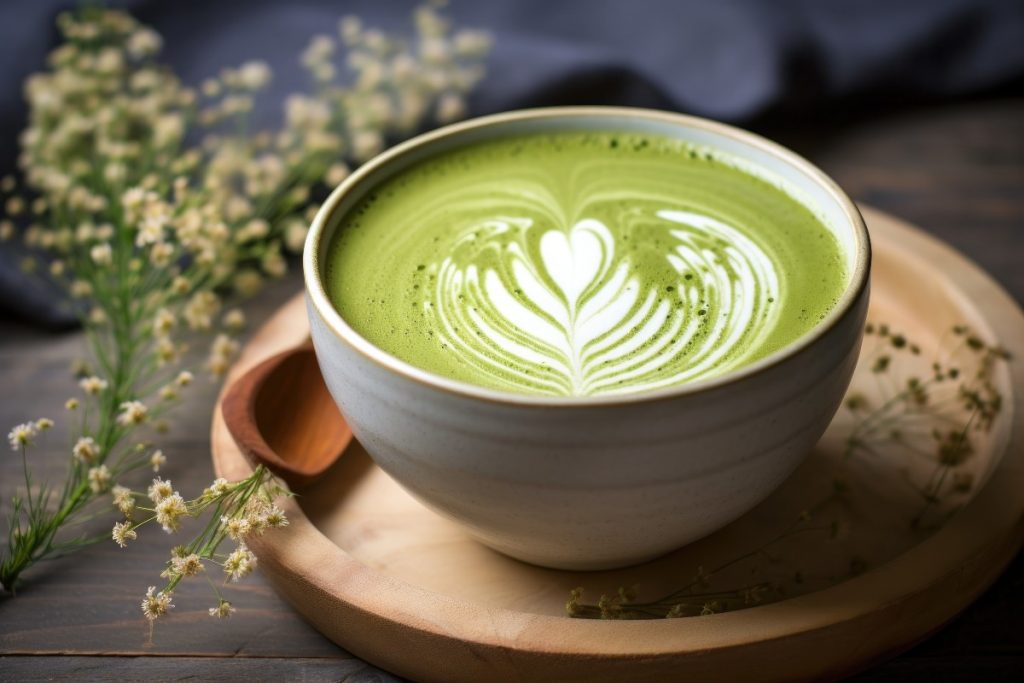 tazza di matcha latte su vassoio di legno con cucchiaino