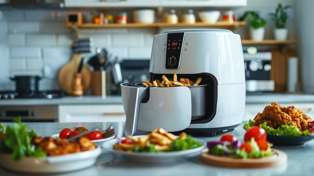 Su tavolo da cucina, una friggitrice ad aria con patatine fritte e accanto piatti come verdure e chicken nuggets preparati con l'elettodomestico