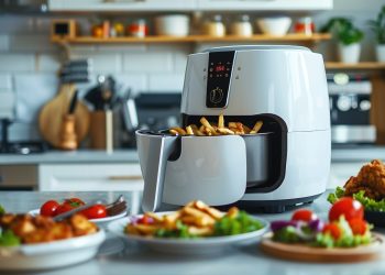 Su tavolo da cucina, una friggitrice ad aria con patatine fritte e accanto piatti come verdure e chicken nuggets preparati con l'elettodomestico