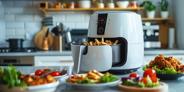 Su tavolo da cucina, una friggitrice ad aria con patatine fritte e accanto piatti come verdure e chicken nuggets preparati con l'elettodomestico