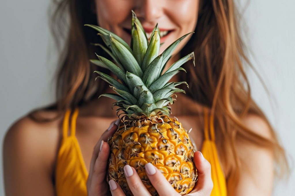 donna con costume da bagno prende in mano un ananas