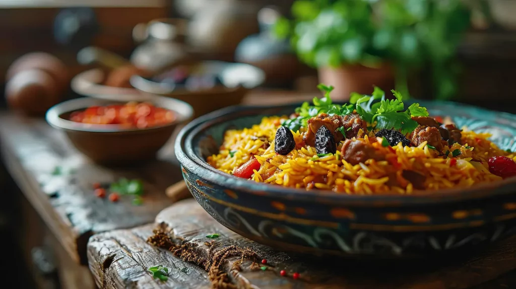 primo piano di un tavolo di legno con ciotola di riso pilaf e erbe aromatiche