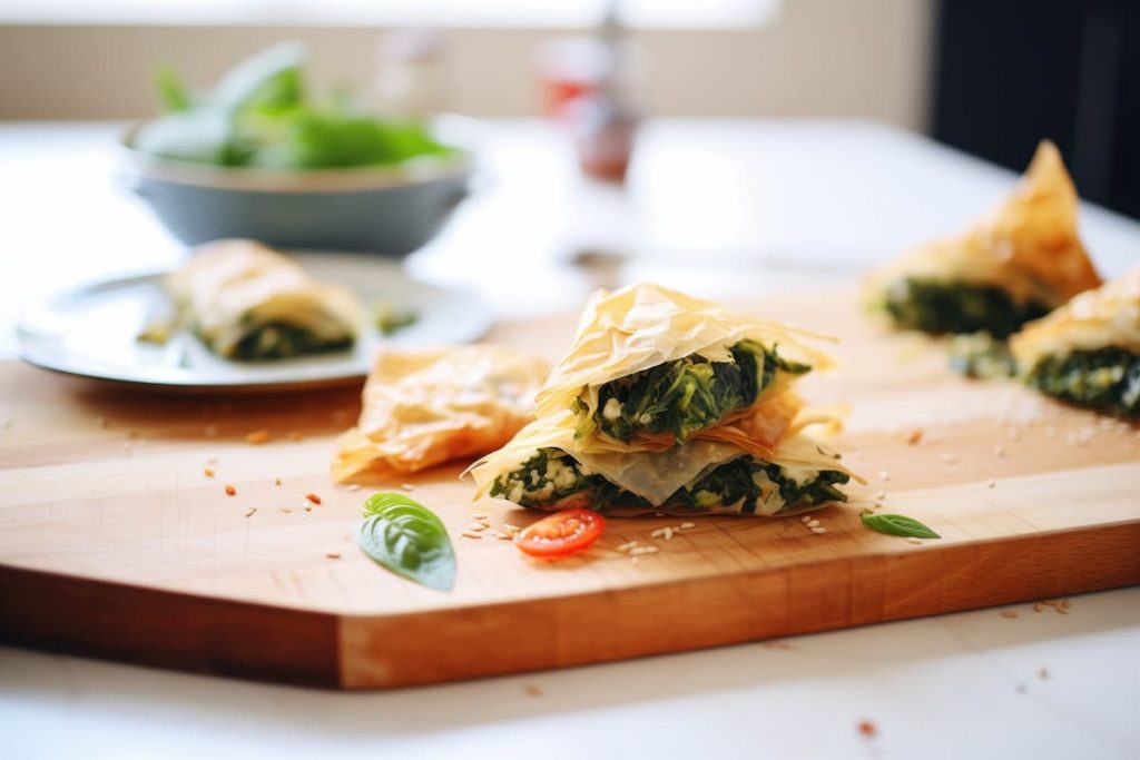 su tavolo di legno bianco un tagliere con la Spanakopita tagliata e fuori fuoco un piatto di spinaci freschi