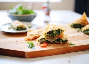 su tavolo di legno bianco un tagliere con la Spanakopita tagliata e fuori fuoco un piatto di spinaci freschi