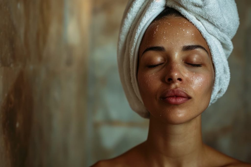 primo piano di una donna con asciugamano in testa e viso sudato perché sta in un bagno turco