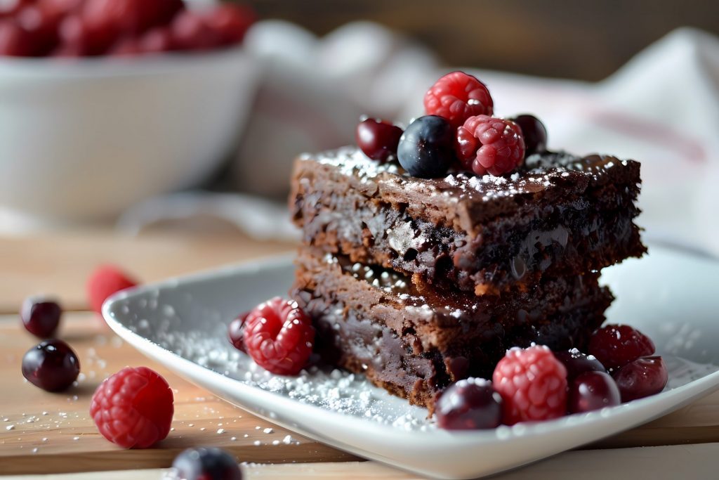 un piatto con una porzione di brownies e frutti di bosco