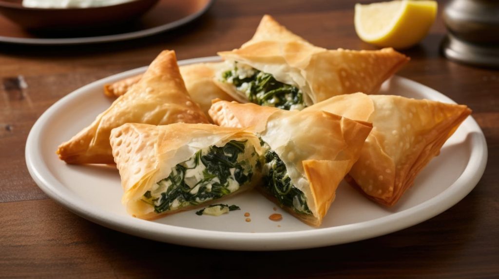 su un tavolo di legno piatto in primo piano con una torta salata con spinaci fatta con la pasta fillo