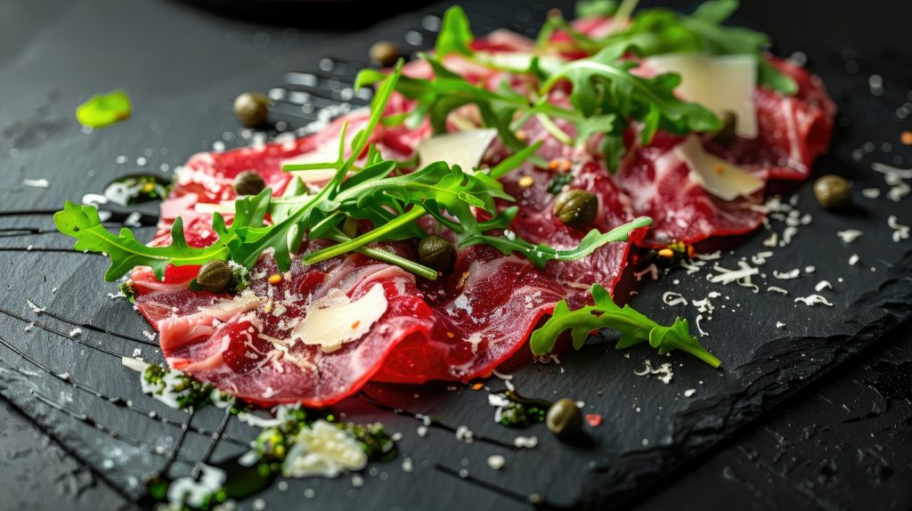 su tagliere di marmo nero primo piano di un carpaccio di manzo con rucola e Parmigiano