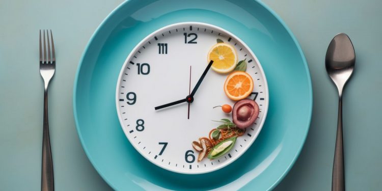 un orologio su un piatto come simbolo della dieta del digiuno intermittente 16:8