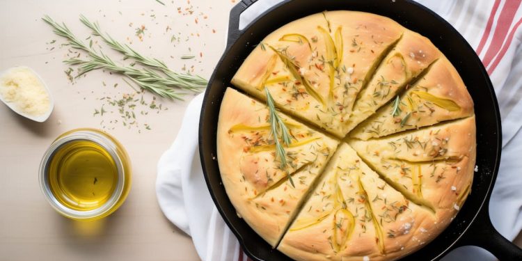 su tavolo beige, canovaccio bianco a righe rosse e sopra una focaccia in padella ; accanto rosmarino e una ciotola piccola con olio EVO