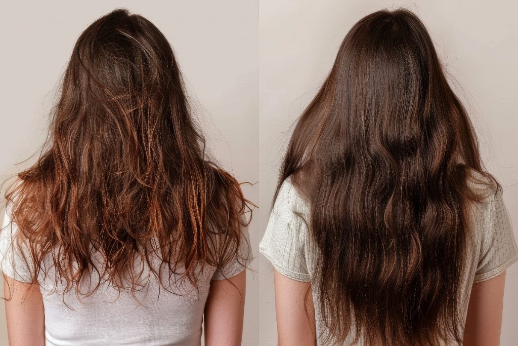 Foto prima e dopo di una donna di schiena con capelli crespi e a destra foto con capelli ordinati