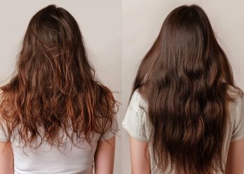 Foto prima e dopo di una donna di schiena con capelli crespi e a destra foto con capelli ordinati