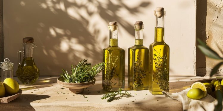 su un tavolo all'aperto,3 bottiglie di olio EVO con foglie e limoni