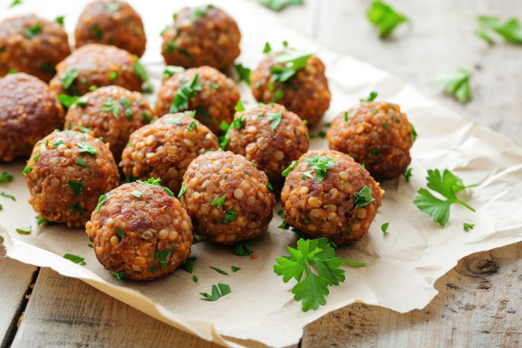 su tavolo primo piano di un vassoio con polpette di lenticchie e prezzemolo con sotto carta da forno