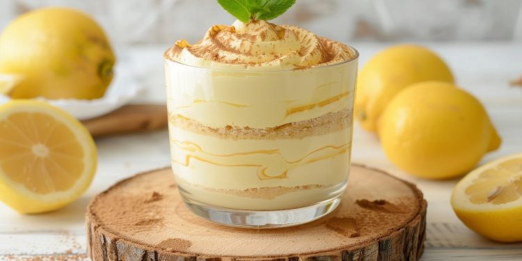 su un tavolo di legno bianco, un tagliere tondo con un bicchiere un tiramisù al limone attorno, limoni tagliati