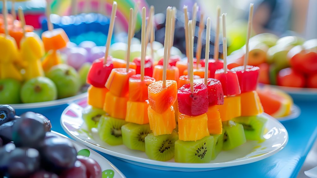 tavola con buffet piena di frutta e colorati spiedini di frutta estiva con kiwi, melone e anguria