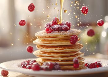 su un tavolo piatto bianco con diversi fluffy pancake, mirtilli rossi e sciroppo d'acero