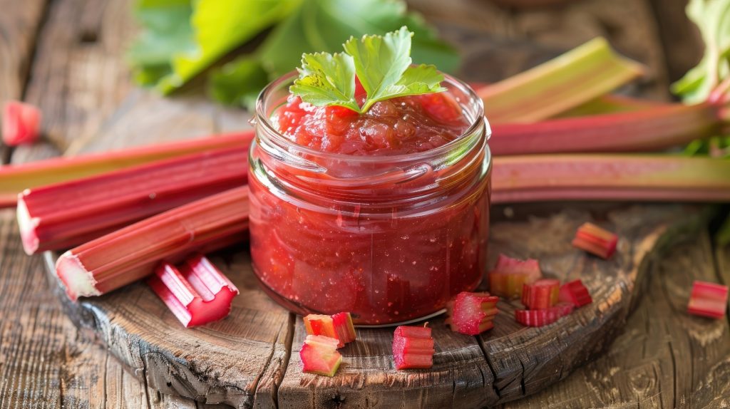 su piano di legno vasetto di marmellata rossa e rabarbaro intorno