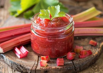 su piano di legno vasetto di marmellata rossa e rabarbaro intorno