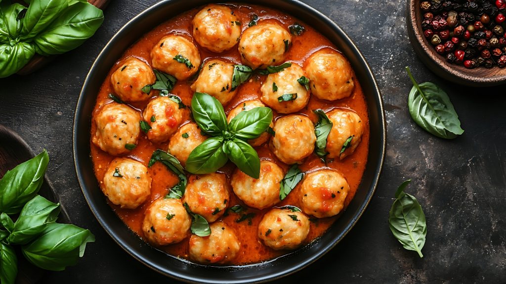 su tavolo da cucina nero primo piano di una padella con gnudi al pomodoro e attorno foglie di basilico e pepe nero