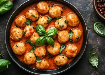 su tavolo da cucina nero primo piano di una padella con gnudi al pomodoro e attorno foglie di basilico e pepe nero