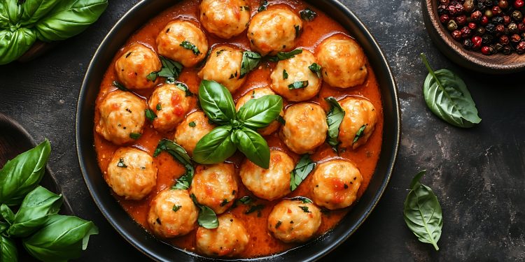 su tavolo da cucina nero primo piano di una padella con gnudi al pomodoro e attorno foglie di basilico e pepe nero