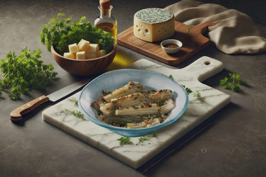 su tavolo di legno tagliere di marmo con un ciotola di cardi in padella, accanto erbe aromatiche, formaggio tagliato a dadini e dietro formaggio intero