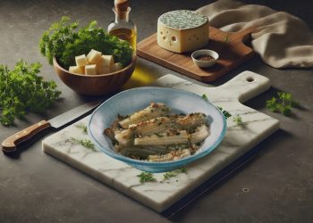 su tavolo di legno tagliere di marmo con un ciotola di cardi in padella, accanto erbe aromatiche, formaggio tagliato a dadini e dietro formaggio intero