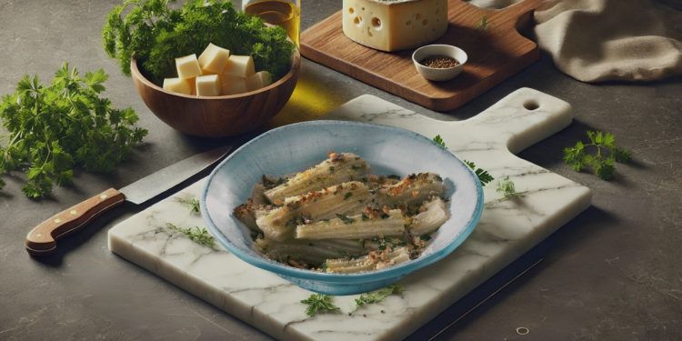 su tavolo di legno tagliere di marmo con un ciotola di cardi in padella, accanto erbe aromatiche, formaggio tagliato a dadini e dietro formaggio intero