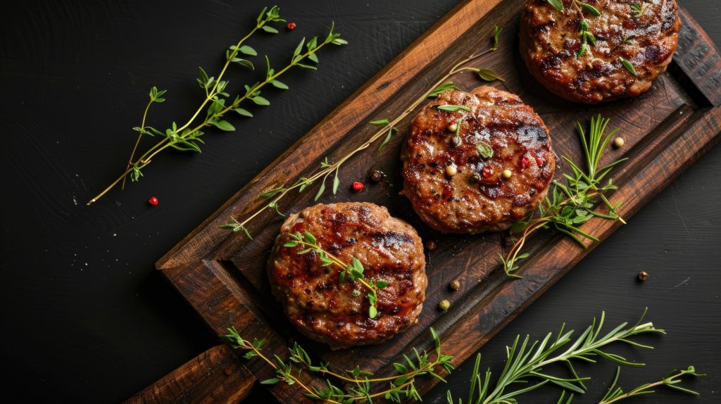 Su tavolo di legno, tagliere con 3 hamburger di carne , pepe nero, erbe aromatiche