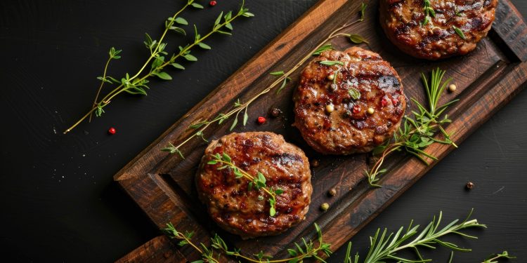 Su tavolo di legno, tagliere con 3 hamburger di carne , pepe nero, erbe aromatiche