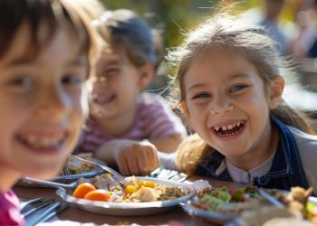 bambini a tavola a scuola che mangiano e ridono