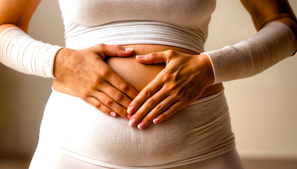 primo piano della pancia di una donna che gonfia la pancia con mani sulla pancia mentre esegue la respirazione diaframmatica