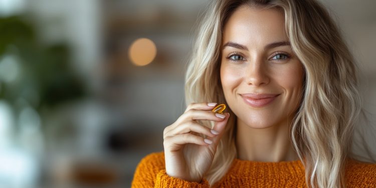 donna bionda e sorridente con maglione arancione che tiene in mano integratori di omega-3