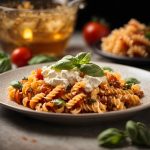 piatto piano tondo pieno di fusilli alla ricotta e pomodorini con foglie di basilico