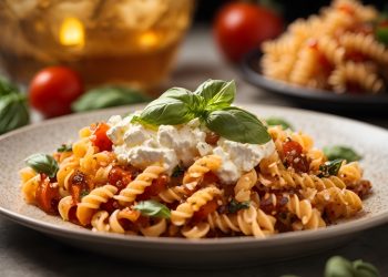 piatto piano tondo pieno di fusilli alla ricotta e pomodorini con foglie di basilico