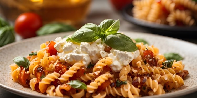 piatto piano tondo pieno di fusilli alla ricotta e pomodorini con foglie di basilico