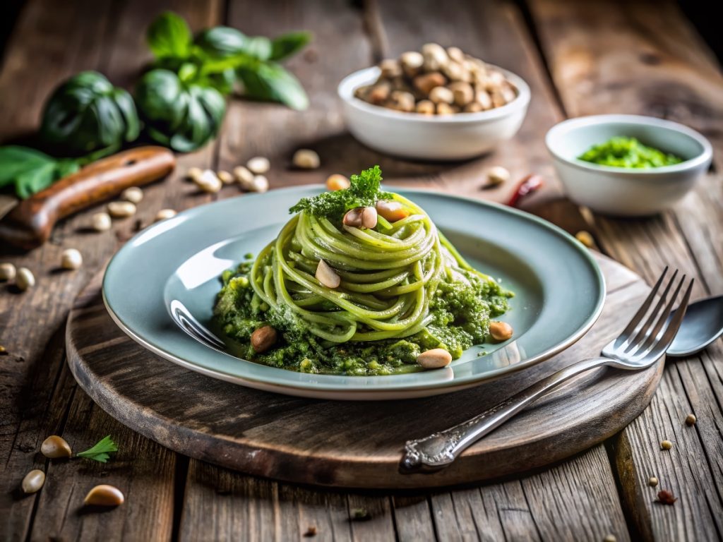 su tavolo di legno tagliere con piatto azzurro e pasta con pesto di cavolo nero con frutta secca e una forchetta sulla desta. In fondo erbe aromatiche