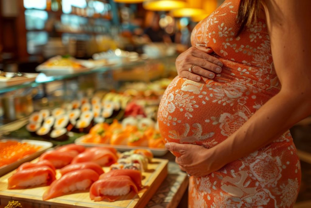 Una donna in gravidanza davanti a una tavolata con salmone crudo e affumicato