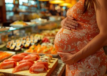 Una donna in gravidanza davanti a una tavolata con salmone crudo e affumicato