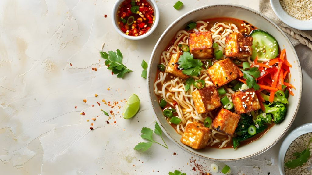 su tavolo di marmo, ciottola con noodles, verdure e tofu, una ricetta con tofu deliziosa, accanto e erbe aromatiche e peperoncino