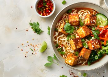 su tavolo di marmo, ciottola con noodles, verdure e tofu, una ricetta con tofu deliziosa, accanto e erbe aromatiche e peperoncino