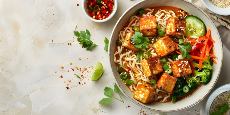 su tavolo di marmo, ciottola con noodles, verdure e tofu, una ricetta con tofu deliziosa, accanto e erbe aromatiche e peperoncino